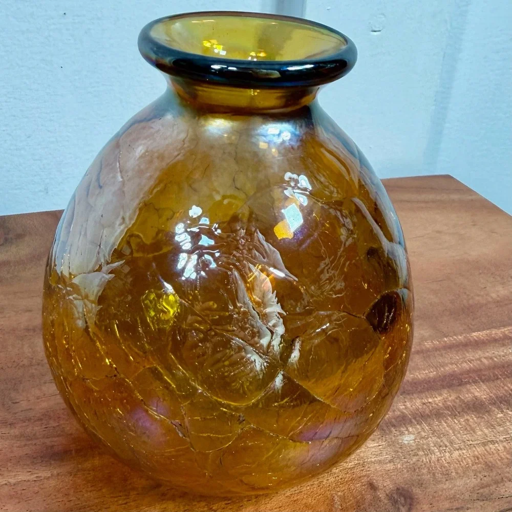 Vintage Amber Crackle Glass Vase Iridescent Hand Blown Round Bulbous Deco Vessel